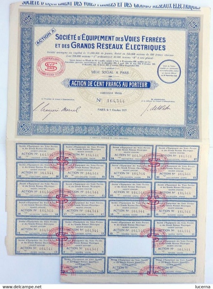 action voies ferrees et reseaux electriques action 164 546 et ses coupons 1929