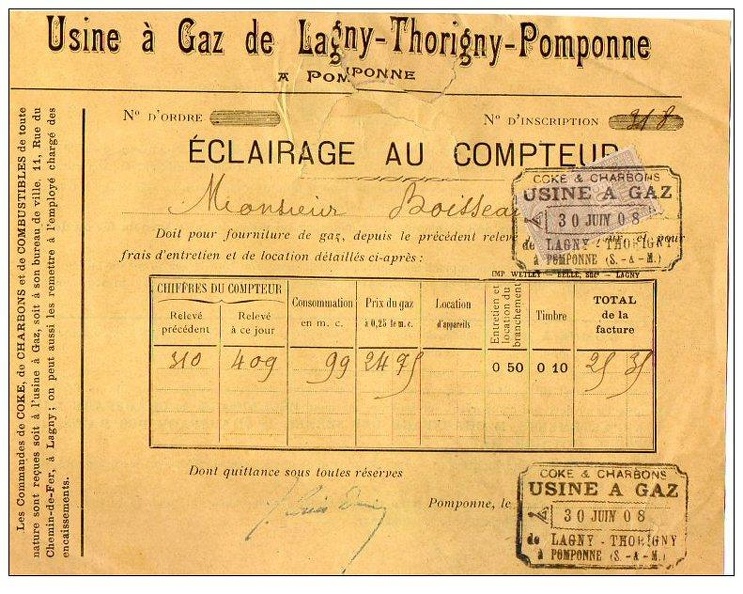 lagny facture gaz 06 1908