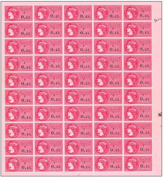 timbre fiscal 045 francs planche complete