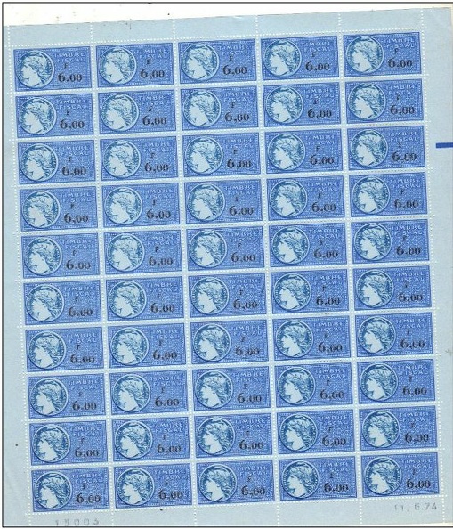 timbre fiscal 600 francs planche complete