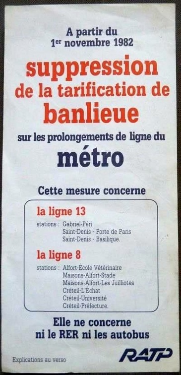 affiche fin tarification metro banlieue 11 1982