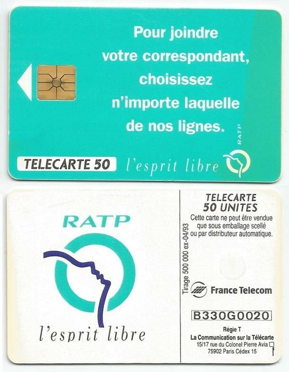 telecarte ratp 50u 500000ex 04 93