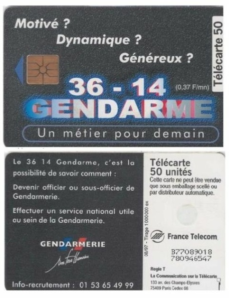 telecarte 50 3614 gendarmerie B77089018780946547