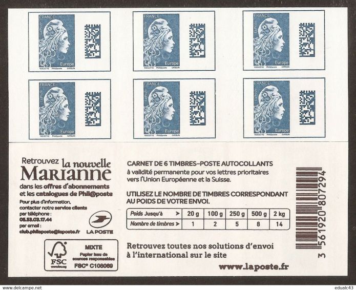 2018 Carnet Adhesif BC1603 C1 MARIANNE L ENGAGEE EUROPE RARE
