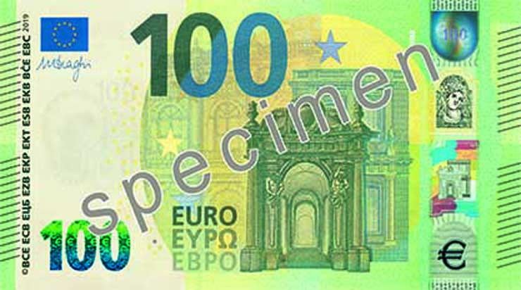 ECB 100 Euro Specimen Front with Draghi signature