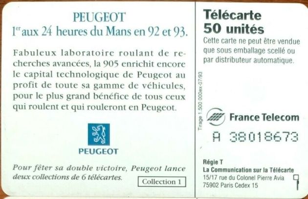 telecarte 50 peugeot A 38018673