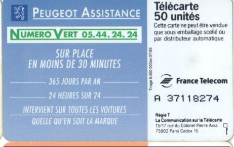 telecarte 50 peugeot assistance A 37118274 2