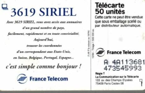 telecarte 50 3619 siriel A 4A113681473545993