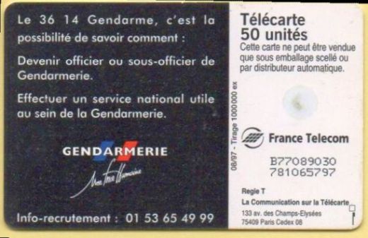 telecarte 50 3614 gendarmerie B77089030781065797