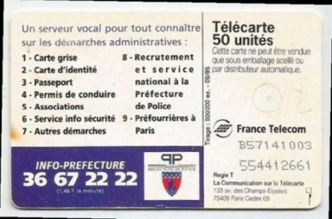 telecarte 50 prefecture de paris B57141003554412661