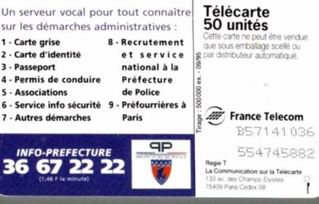 telecarte 50 prefecture de paris B57141036554745882